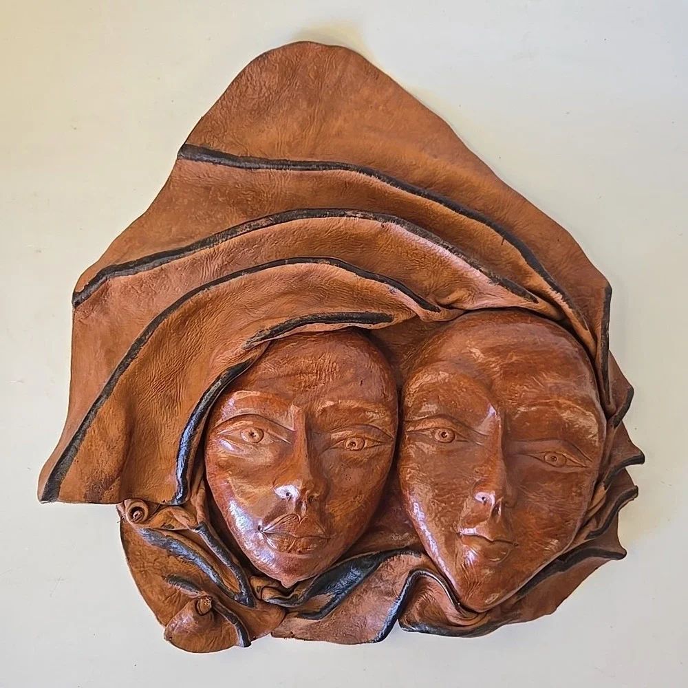 Women Double Face 3D Molded  Handmade‎ Leather Folk Art Sculpture Wall Decor